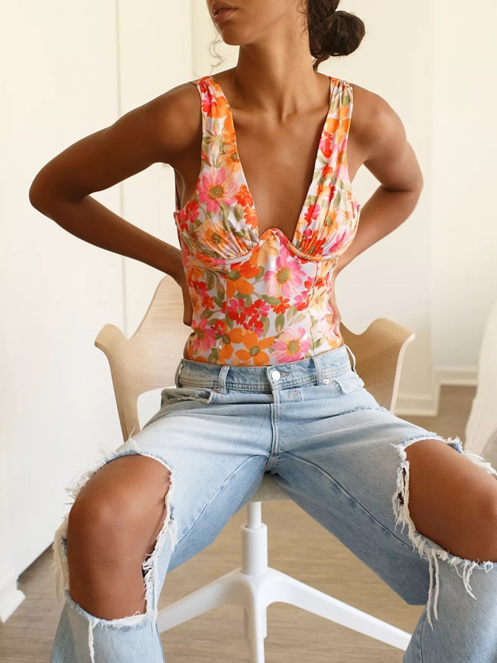 For Love & Lemons Pink Floral Jody Bodysuit